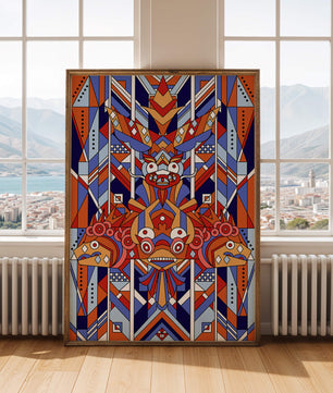 Arte tribal geométrico con colores vibrantes y patrones simétricos