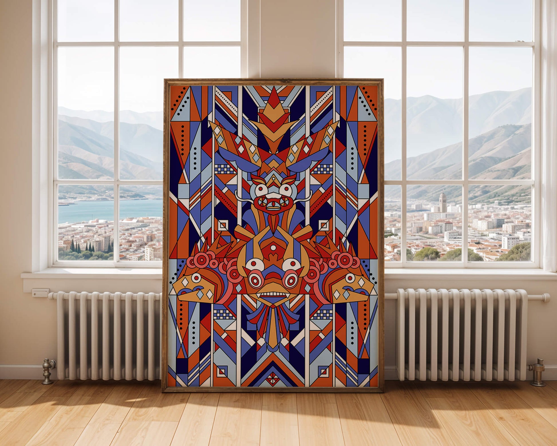 Arte tribal geométrico con colores vibrantes y patrones simétricos