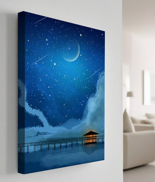 Serene Night Sky with Crescent Moon, Stars, and Pier Over Water