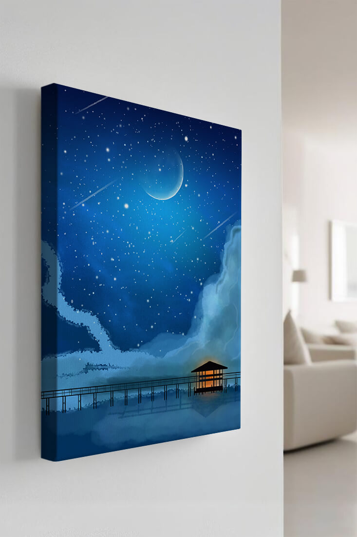 Serene Night Sky with Crescent Moon, Stars, and Pier Over Water