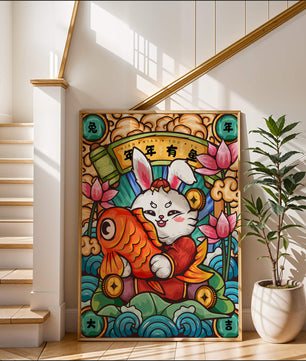 Festive rabbit holding golden fish with lotus flowers and waves in a traditional design