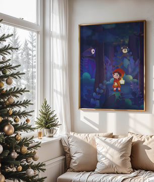 Little Girl in Red Hood Exploring Enchanted Forest at Night with Owl and Bear