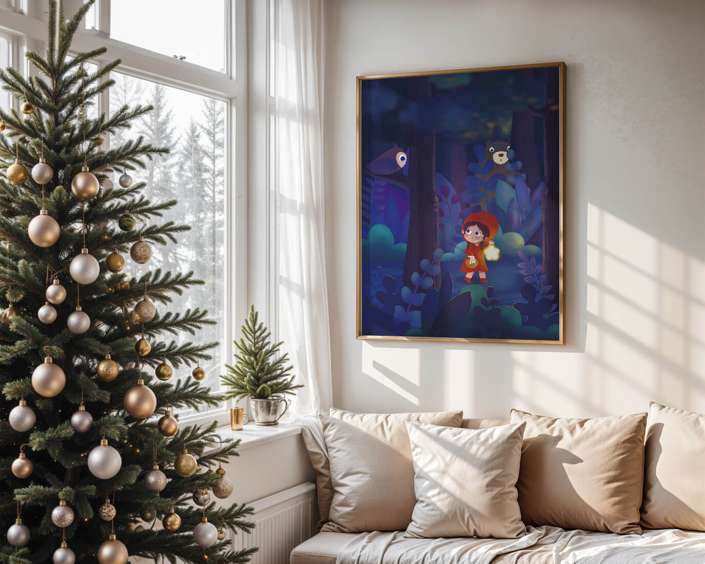 Little Girl in Red Hood Exploring Enchanted Forest at Night with Owl and Bear