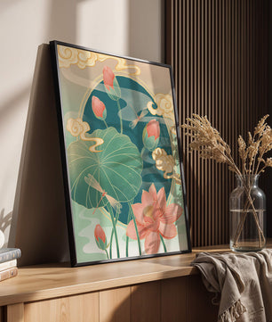 Ruhiges orientalisches Lotus-Design mit Libellen und Wolken