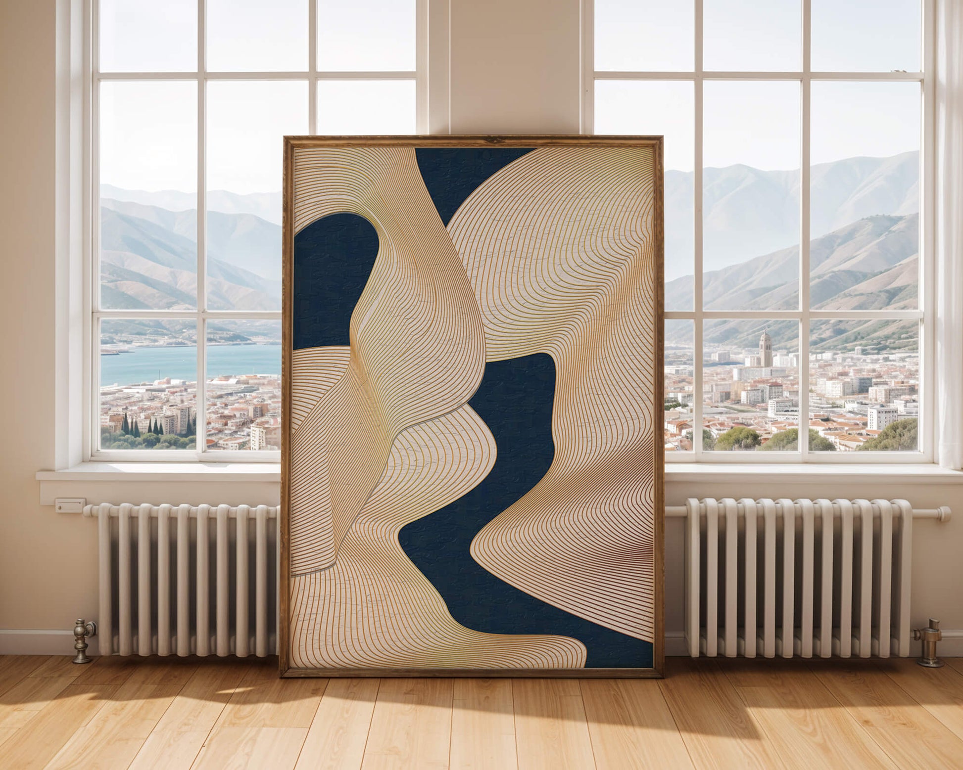 Lignes fluides abstraites sur fond bleu foncé