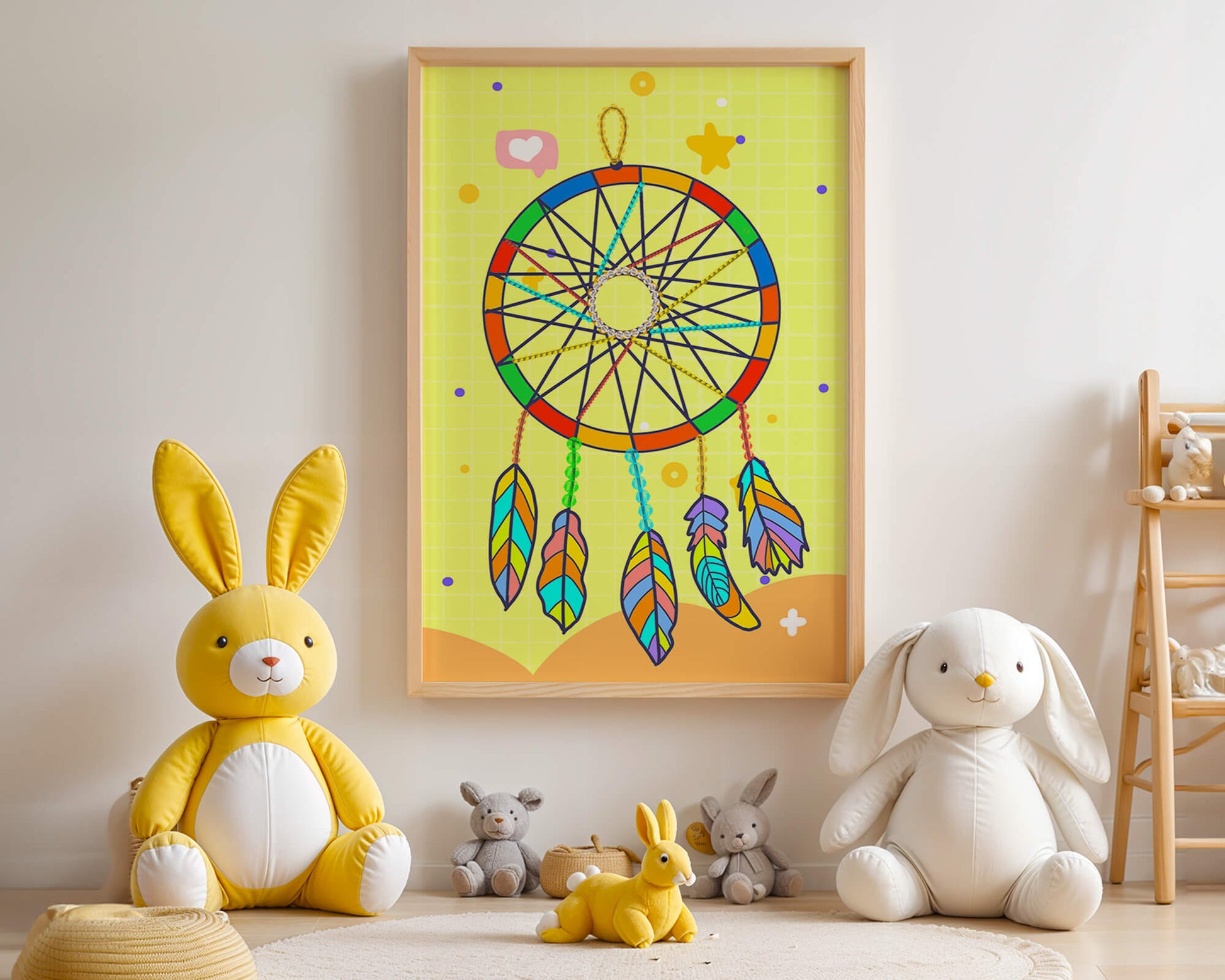 Colorful dreamcatcher on a vibrant yellow background