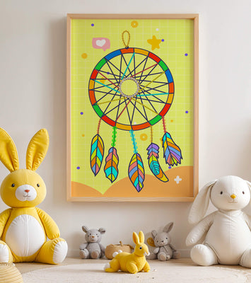 Colorful dreamcatcher on a vibrant yellow background