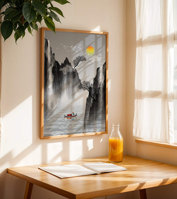 Serene landscape with mountains, river, and a boat under the sun