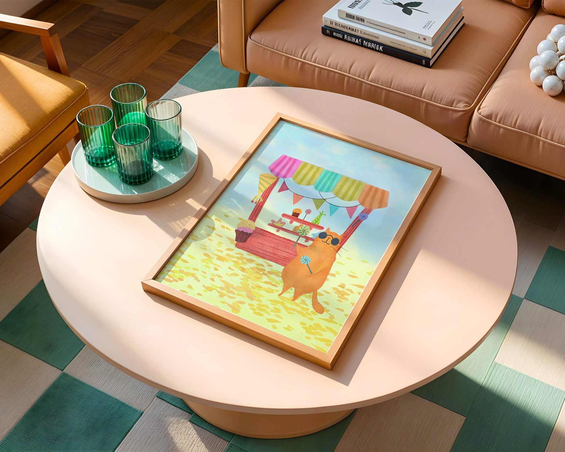 Illustrated Cat with Sunglasses at a Colorful Candy Stand