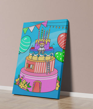 Colorful birthday cake with teddy bear and festive decorations