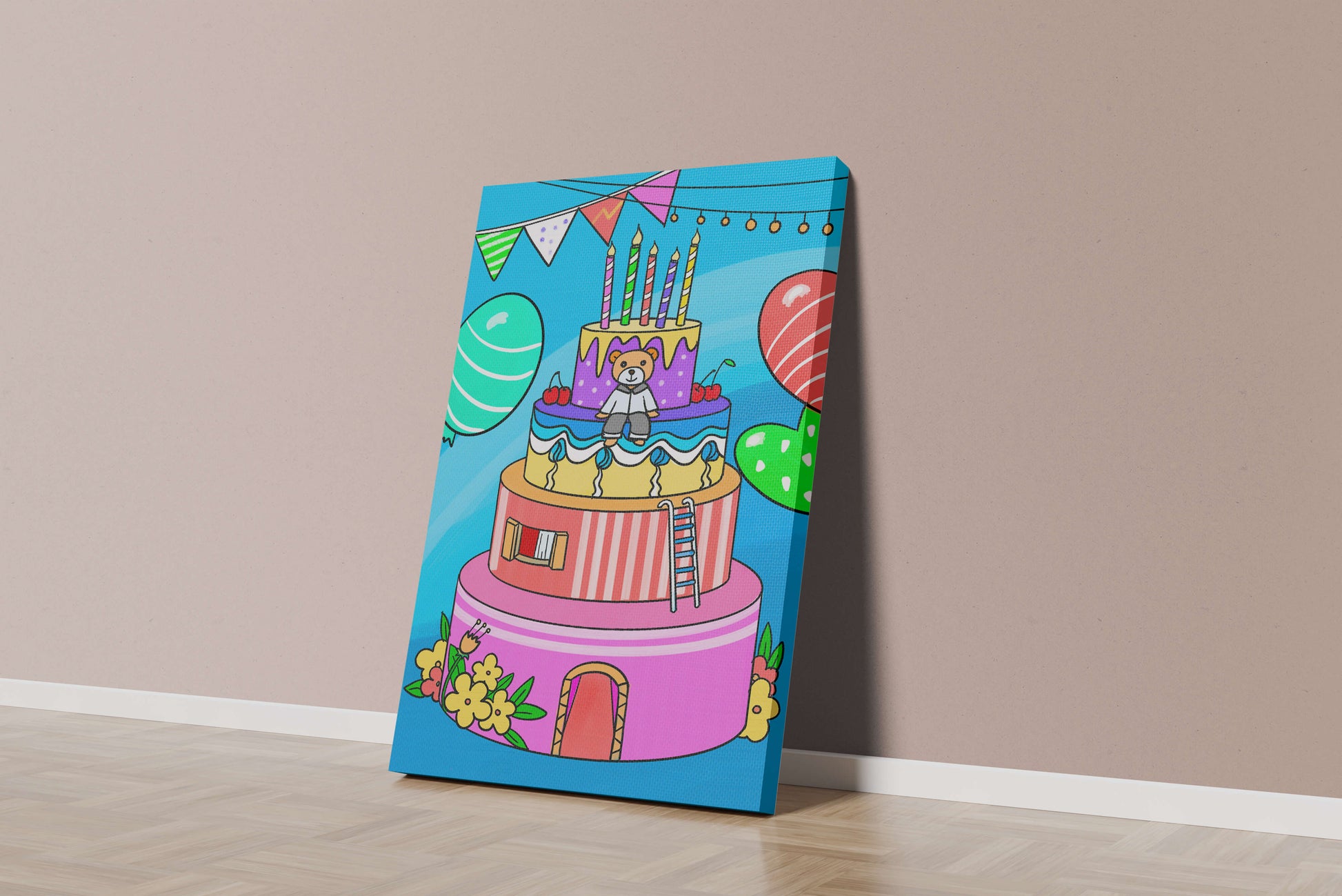 Colorful birthday cake with teddy bear and festive decorations