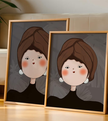 Elegant portrait of a woman with a unique headscarf and expressive features