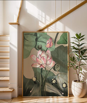 Illustrated lotus with playful cartoon bees in a serene garden