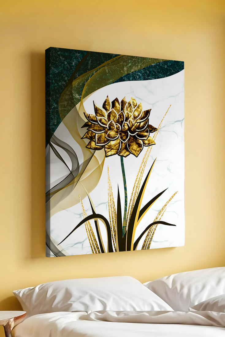 Golden flower artwork with abstract background for contemporary decor