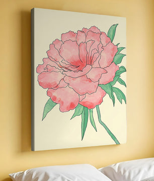 Delicate Pink Peony with Green Leaves Illustration