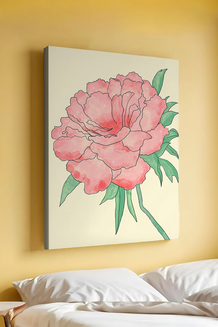 Delicate Pink Peony with Green Leaves Illustration