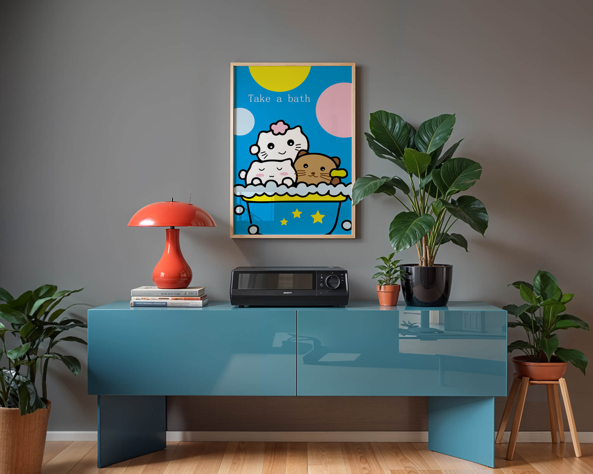 Adorable cartoon characters in a bubble bath with vibrant background