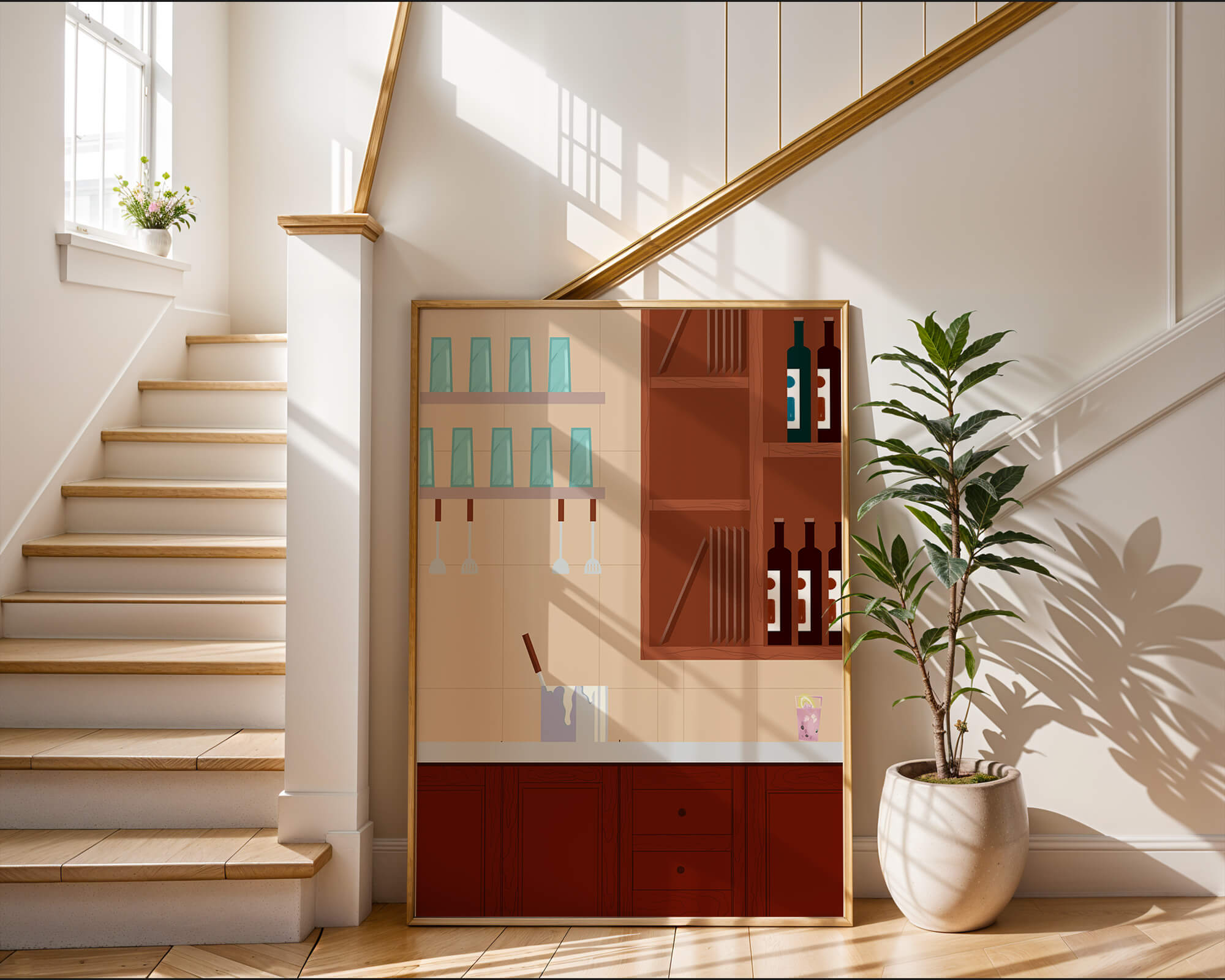 Modern kitchen interior with wooden cabinets and glass shelves