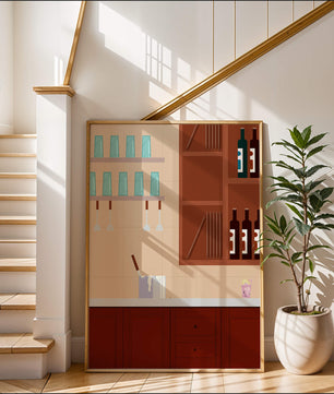 Interior de cocina moderna con gabinetes de madera y estantes de vidrio