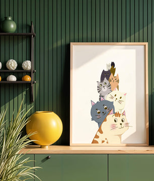Stack of adorable cartoon cats with diverse patterns and colors