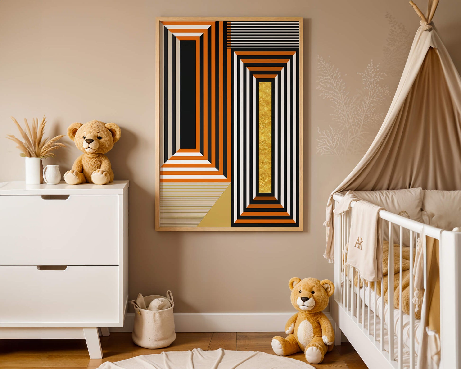 Geometric Abstract Art with Stripes and Gold Element in Orange, Black, and White
