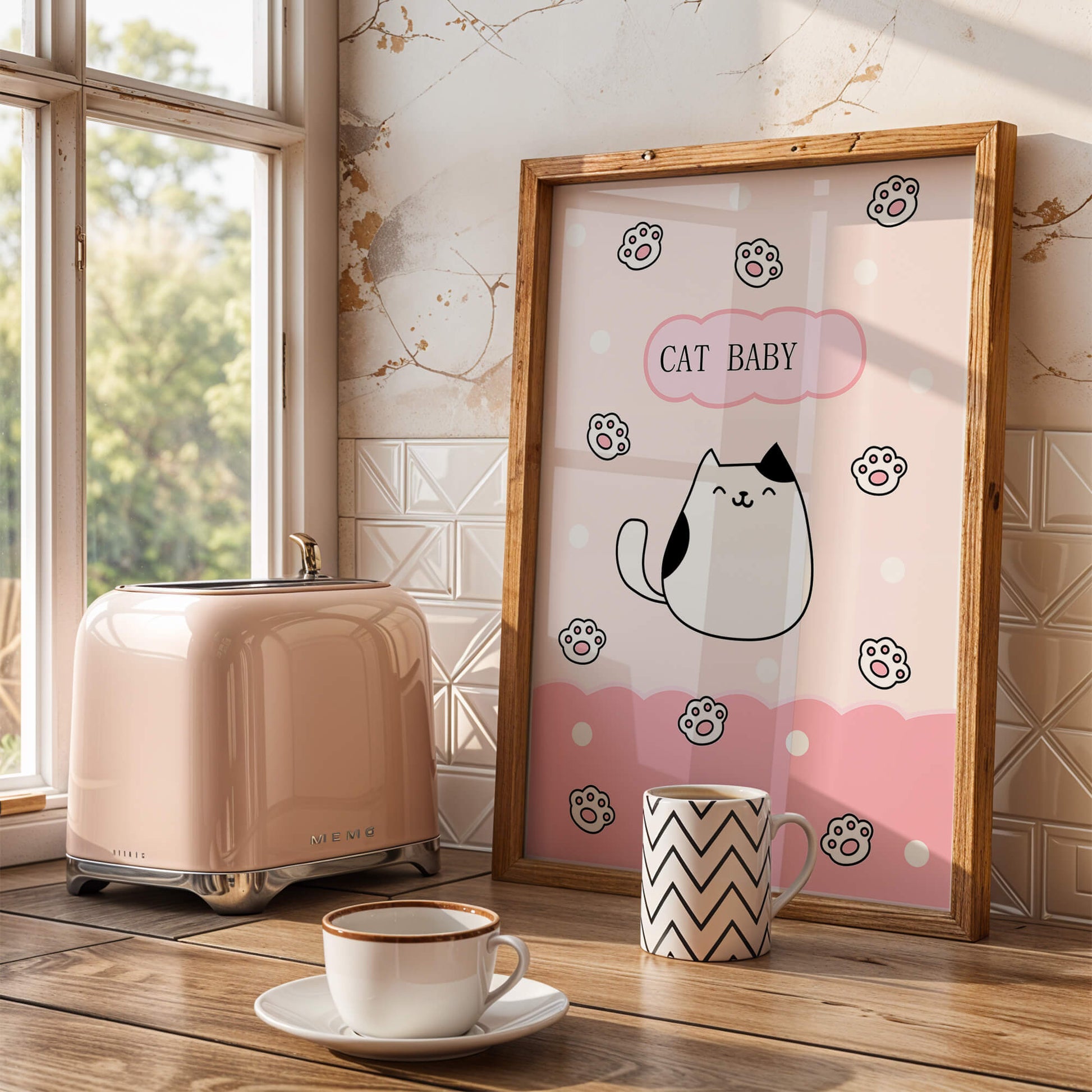 Adorable cat baby illustration with cute paw prints and polka dots