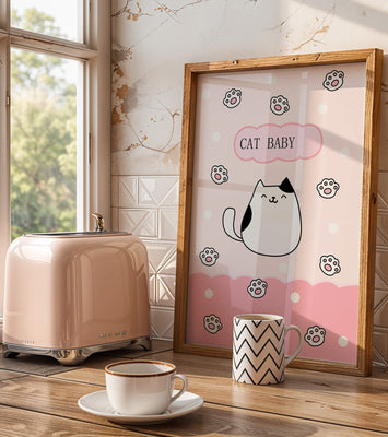 Adorable cat baby illustration with cute paw prints and polka dots
