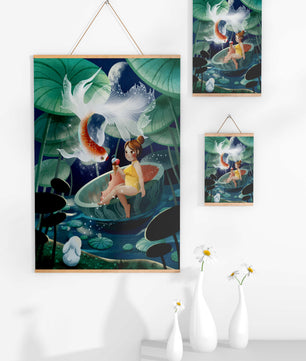 Illustration imaginative d'une fille avec un poisson et un lapin sous des nénuphars illuminés par la lune