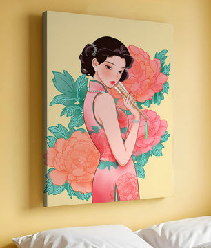 Elegant woman in traditional dress with floral background