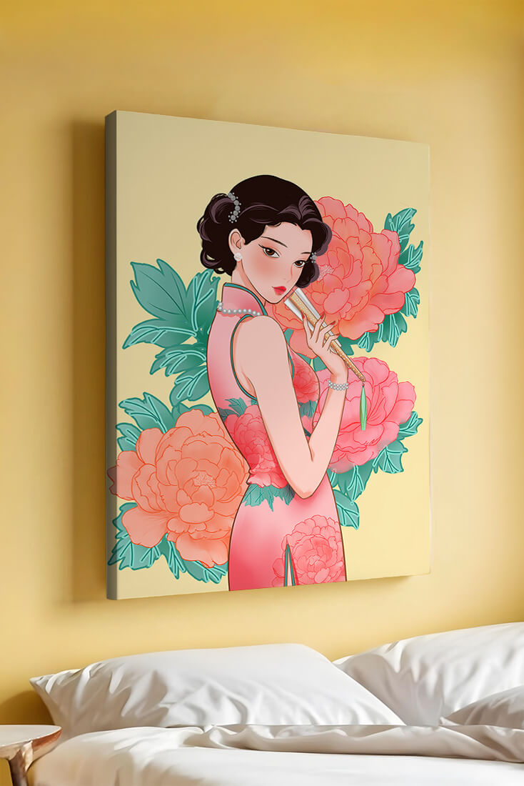 Elegant woman in traditional dress with floral background