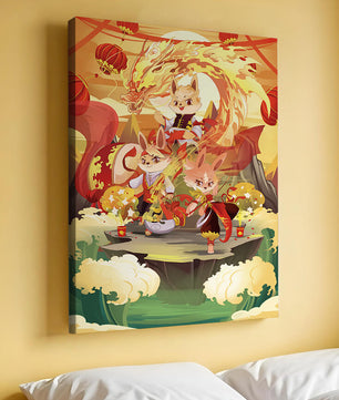 Fantastical scene with anthropomorphic animals and a dragon in a vibrant setting