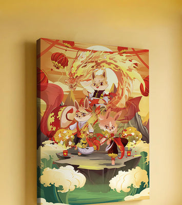 Fantastical scene with anthropomorphic animals and a dragon in a vibrant setting