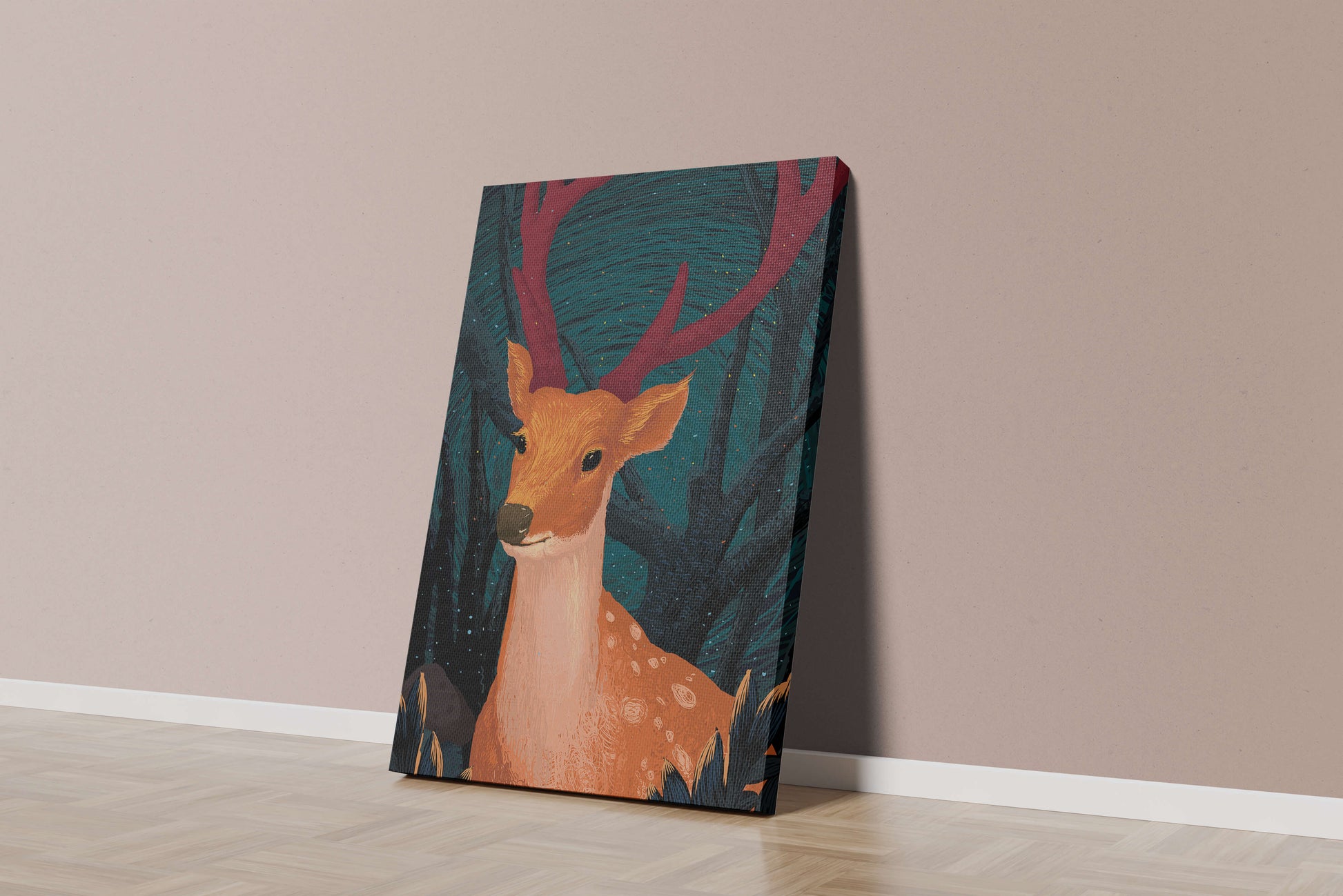 Ilustración de un majestuoso ciervo en un bosque místico