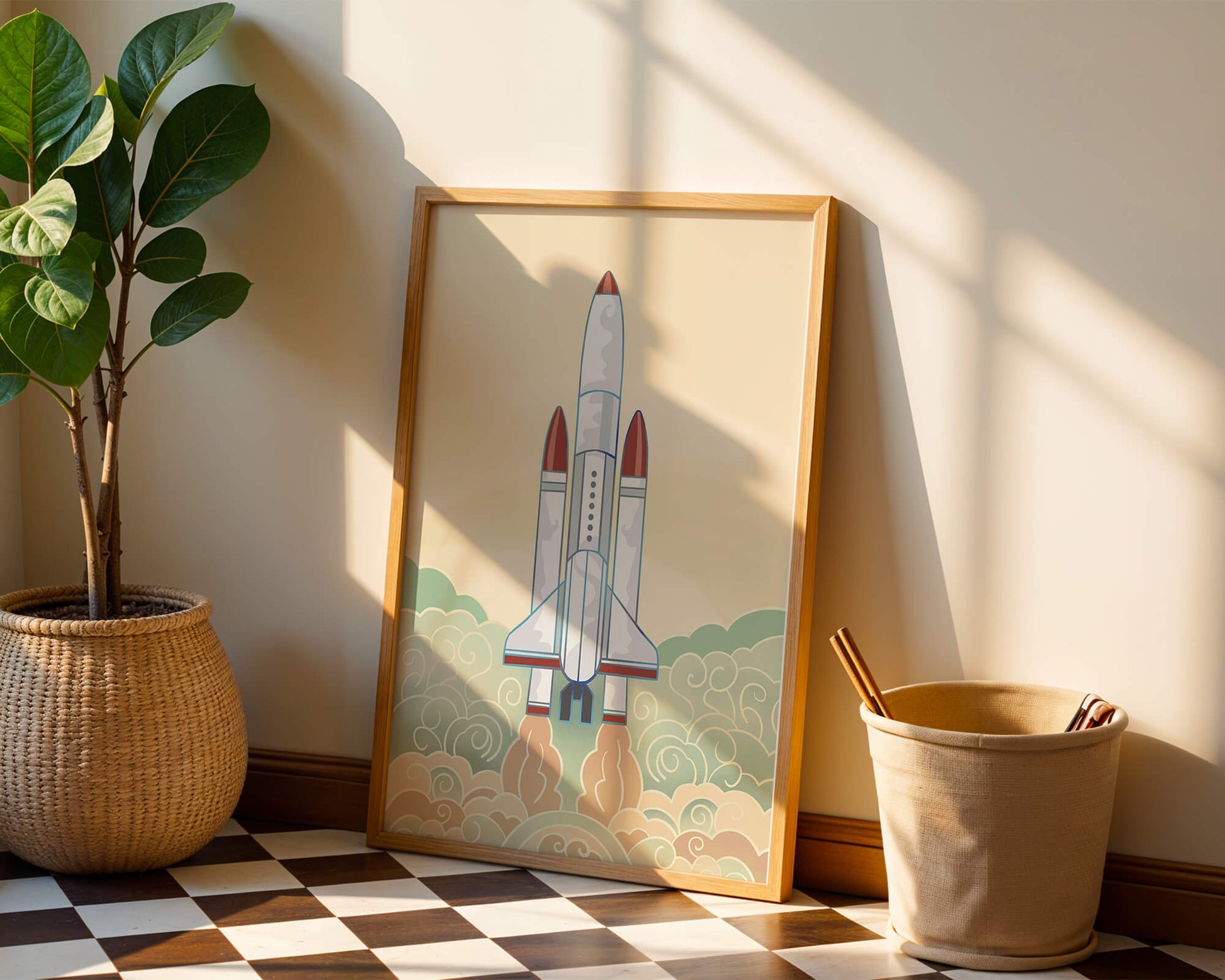 Colorful rocket launch from vintage-style clouds