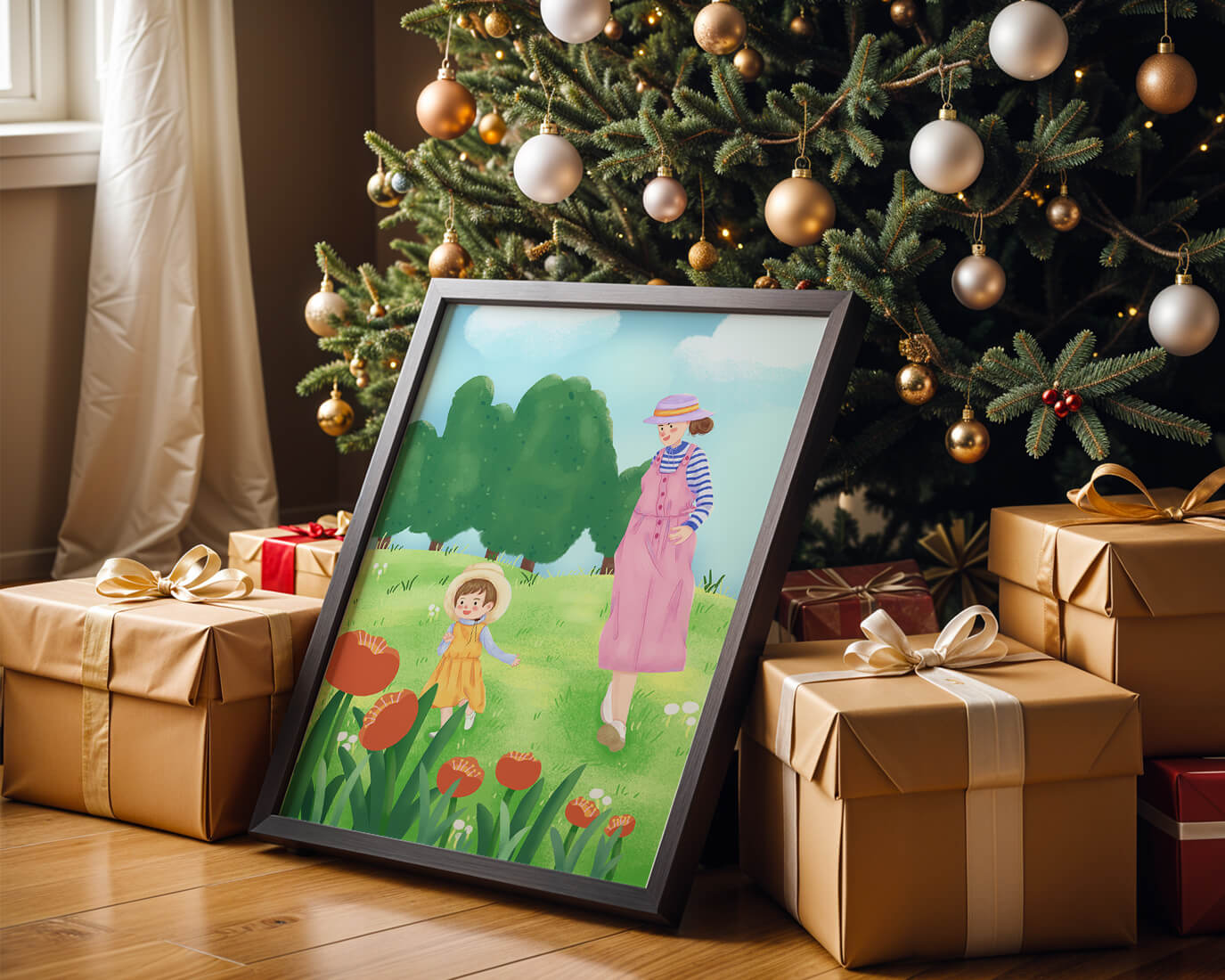 Mother and child in a floral garden under clear skies