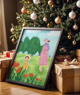 Mother and child in a floral garden under clear skies