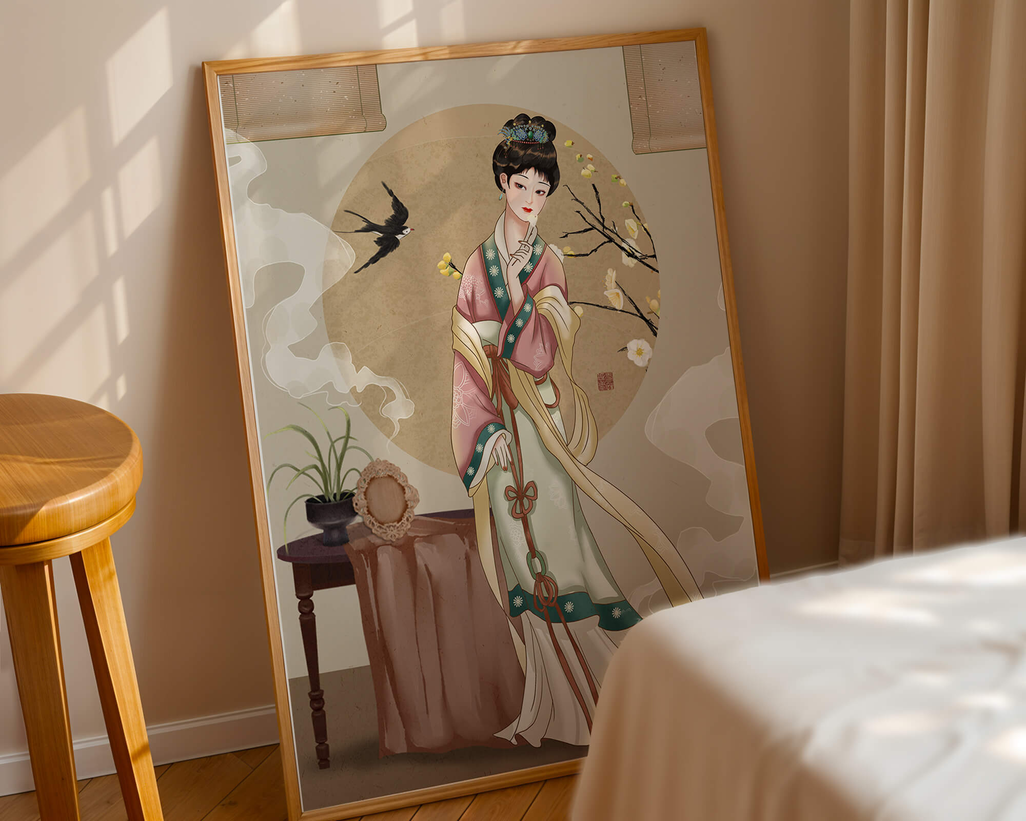 Elegant traditional Asian lady in classic attire with nature elements