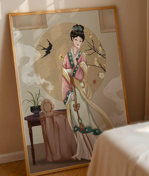 Elegante traditionelle asiatische Dame in klassischer Kleidung mit Naturelementen