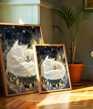 Scène de forêt fantaisiste avec un loup endormi et une silhouette mystérieuse la nuit