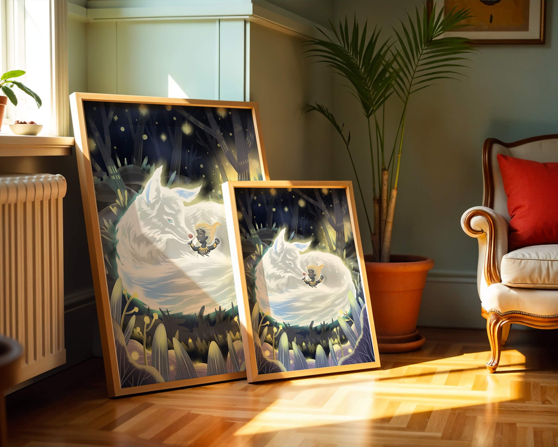 Whimsical forest scene with a sleeping wolf and a mysterious figure at night