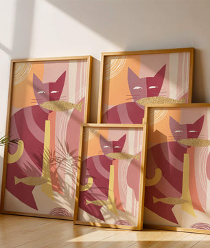 Abstract cat artwork with gold accents and colorful patterns