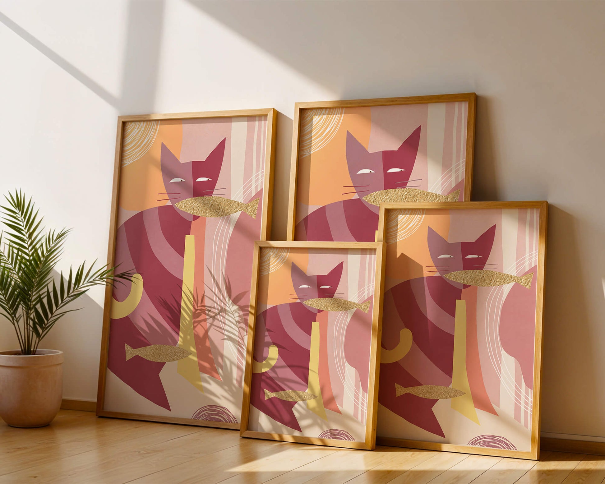 Abstract cat artwork with gold accents and colorful patterns