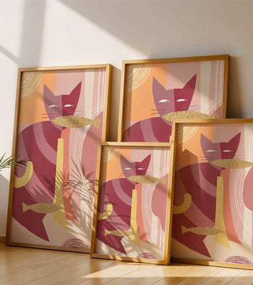 Abstract cat artwork with gold accents and colorful patterns