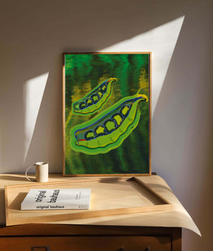 Ilustración abstracta de guisantes verdes coloridos con fondo vibrante