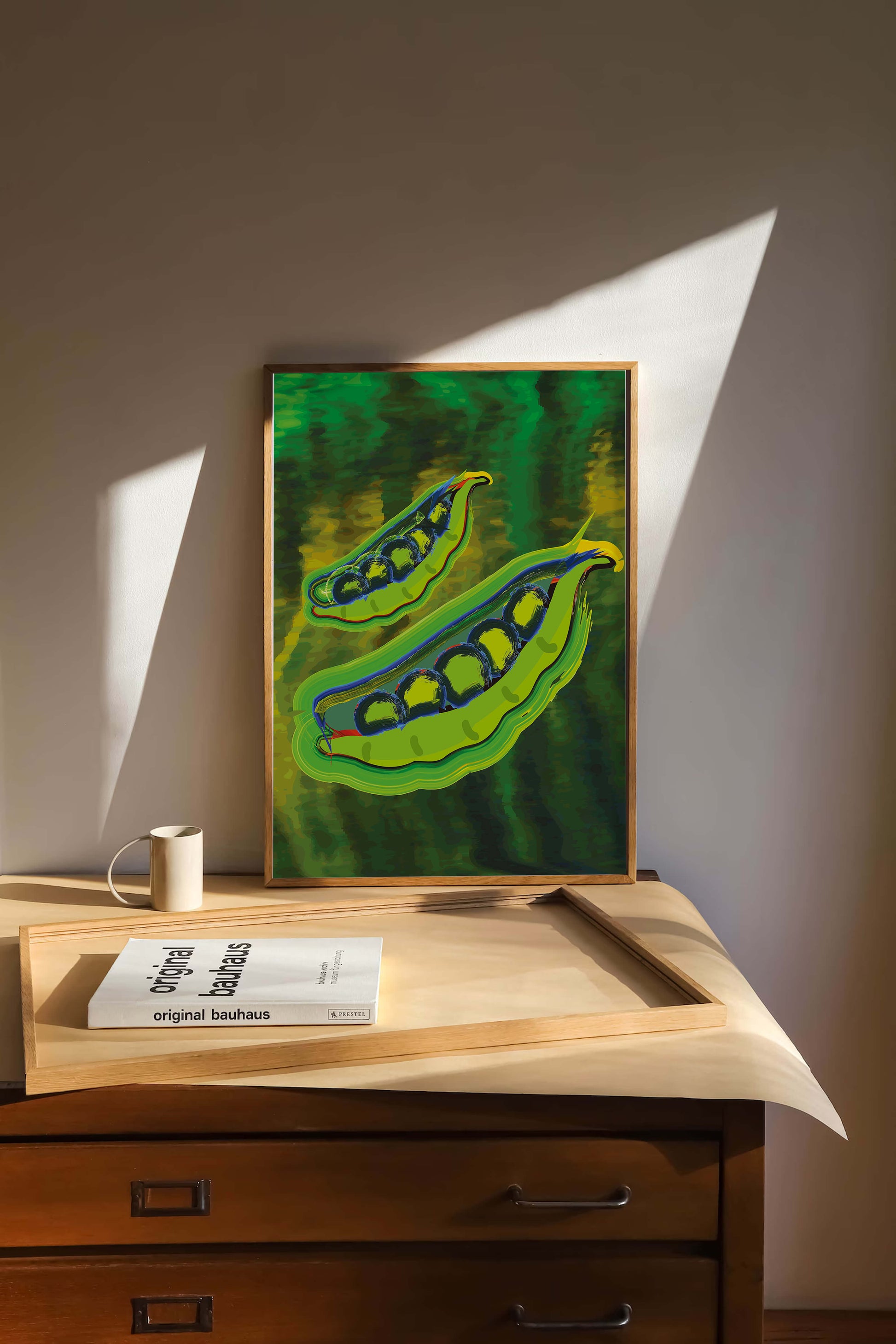 Ilustración abstracta de guisantes verdes coloridos con fondo vibrante