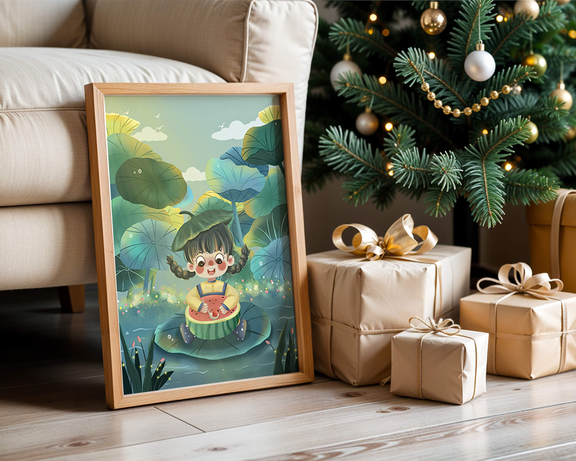 Charming illustration of a child enjoying watermelon amidst whimsical nature