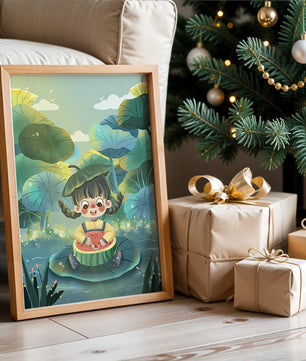 Charming illustration of a child enjoying watermelon amidst whimsical nature