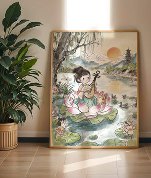 Traditional Asian Scenery with Girl Playing Instrument on Lotus Pond at Sunset