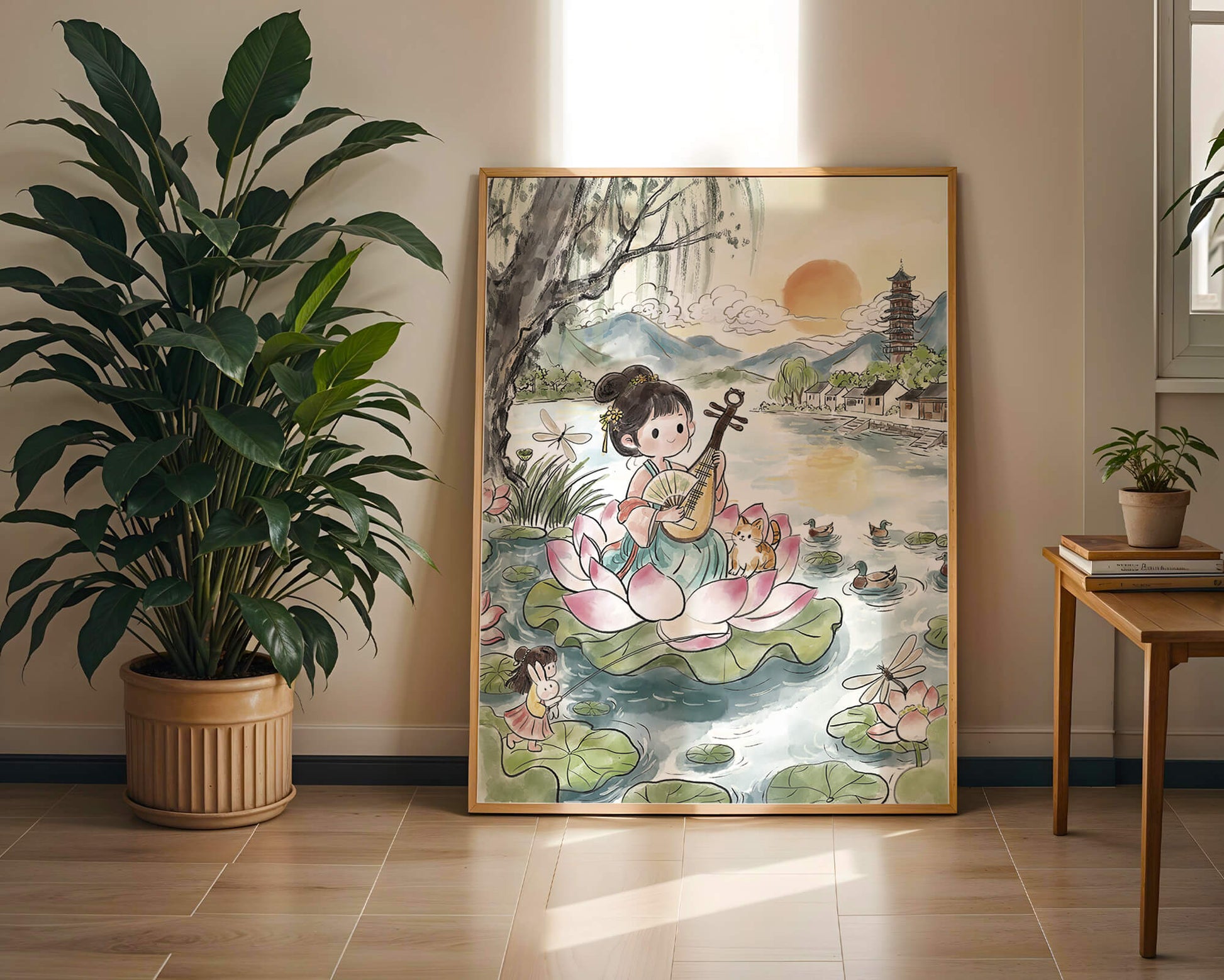 Traditional Asian Scenery with Girl Playing Instrument on Lotus Pond at Sunset