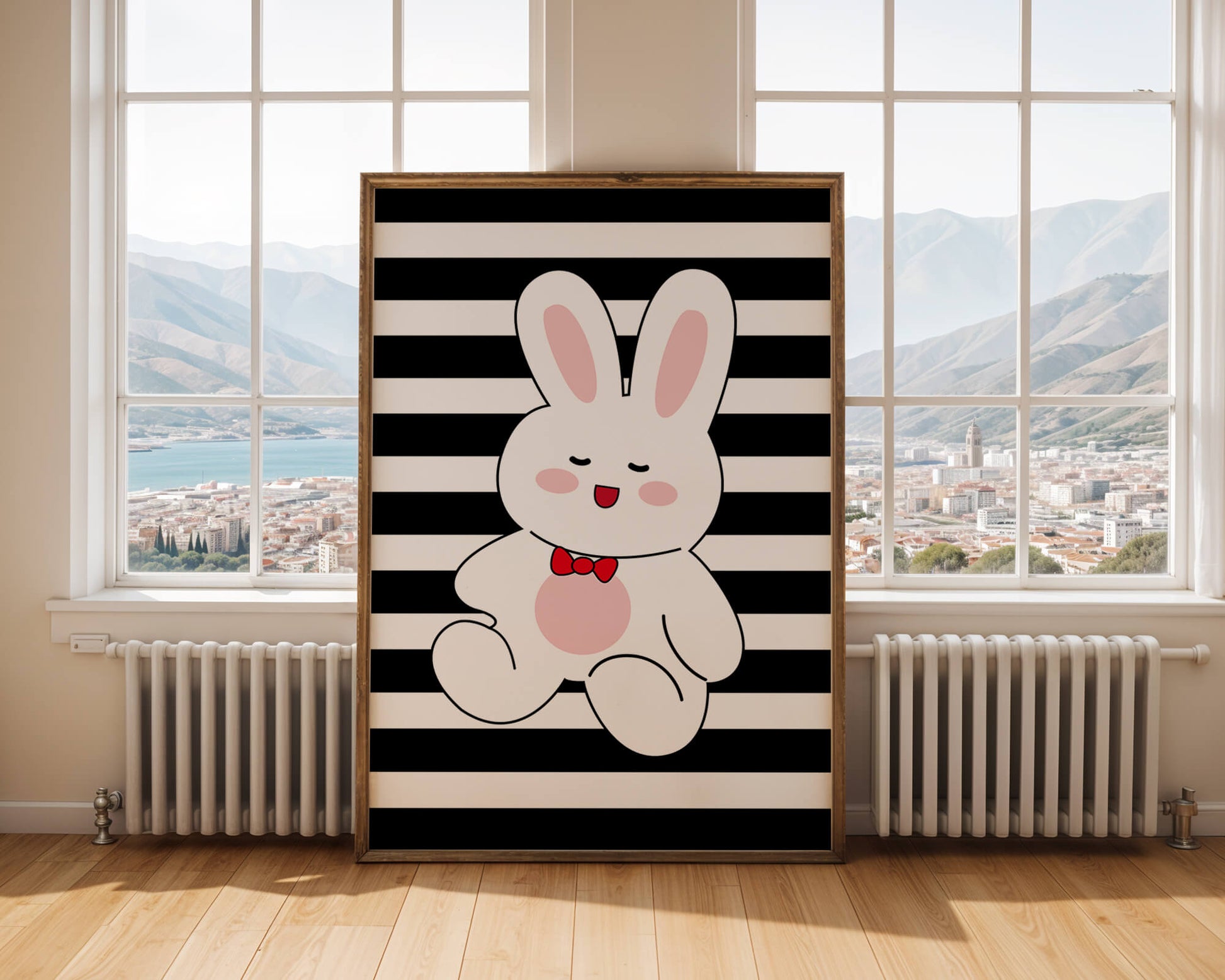 Adorable cartoon bunny with bold stripes and a red bow tie
